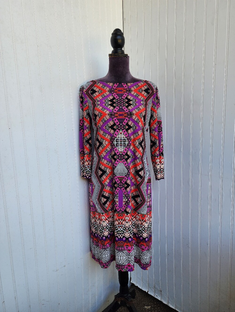 London Times Sheath Dress Red Pink Black Pull On Knee Stretch 3/4 Sleeve Sz 12P